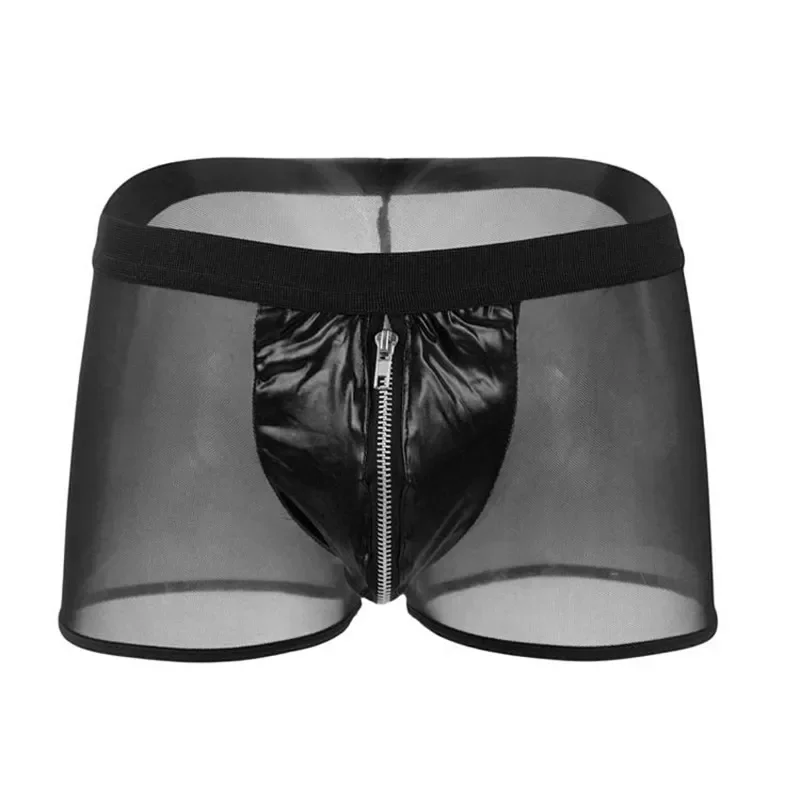 Leather Underwear Men Sexy Gay Zipper Mesh Boxershorts Breathable U Pouch Male Panties Gay Cueca 2