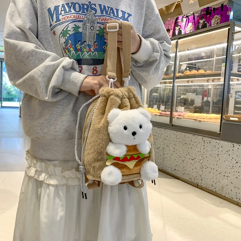 Women's Shoulder Bag Plush Soft Cute Mini Bear Cartoon Drawstring Crossbody Bucket Bag Large Capacity Casual Commuter Shopping