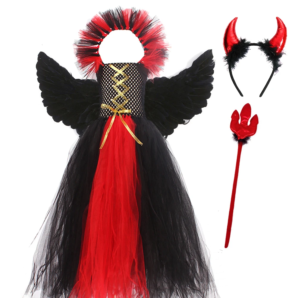 Girls Gothic Vampiress Costume Evil Queen Gown Tutu Dress for Halloween Cosplay Party Clothing Kids Fancy Dress Up Outfit cosplay costume