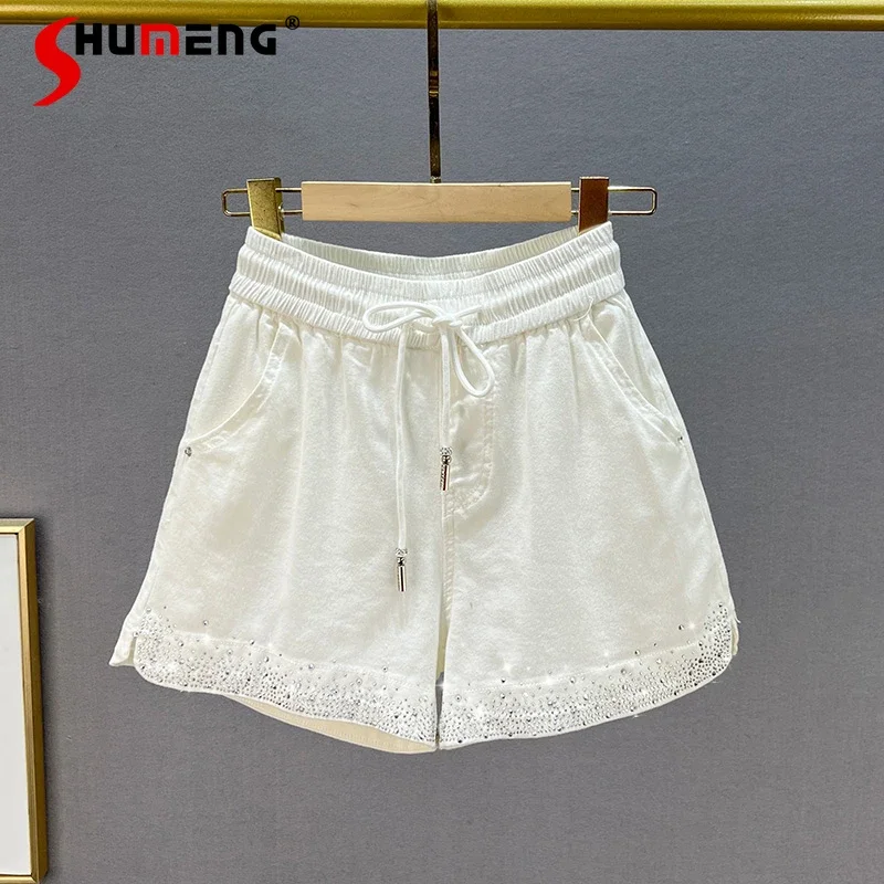 Hot Rhinestone Denim Shorts Women Trendy 2022 Summer Shorts High Waist Slimming Thin A- Line Wide Leg Shorts Female Hot Pants