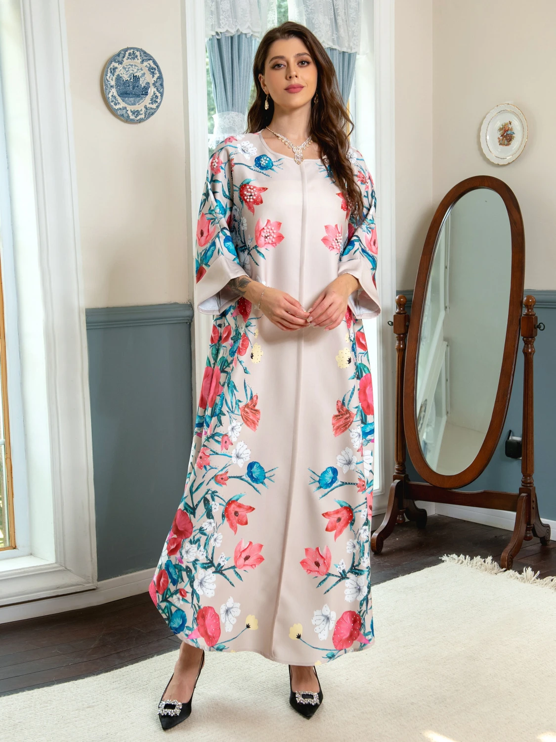 

Vestidos Eid Muslim Women 2023 Beading Floral Print Dress Abaya Party Dresses Dubai Arab Turkey Ramadan Abayas Caftan Kaftan