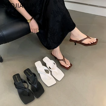 SUOJIALUN 2024 Summer New Women Slipper Fashion Narrow Band Ladies Thin High Heel Outdoor Dress Sandal Elegant Dress Flip Flops 1