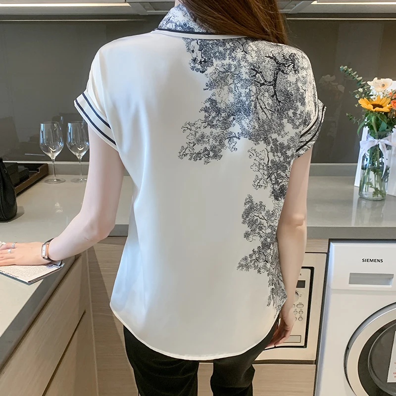 Satin Loose Large Size Women Blouse Summer New Casual Fashion Short Sleeve Top Stitching Bow Collar Shirt