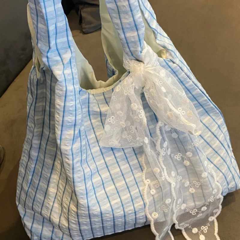 Korean Blue Checkered Canvas Bag, Women'S 2025 New Large Capacity Single Shoulder Tote Bag, College Style Commuting Armpit Bag