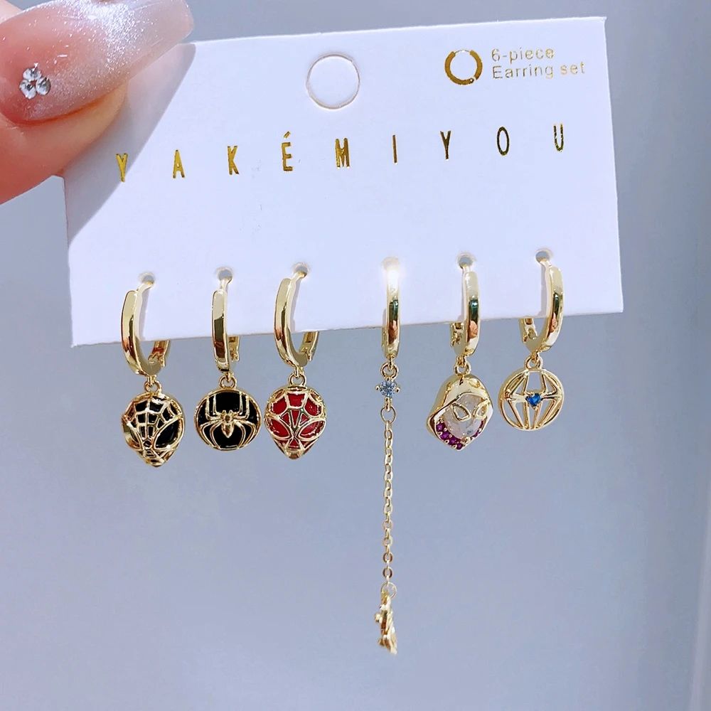 MIGGA 6pcs Mix and Match Hero Spider Dangle Earrings Set for Women Gold Color Cubic Zircon Jewelry 2