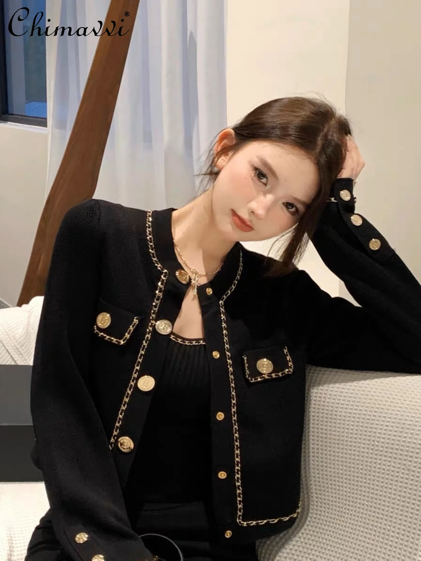 

Black Sweater Coat for Women Autumn and Winter 2023 New French Fashion Short Socialite Knitted Cardigan Elegant Office Lady Tops