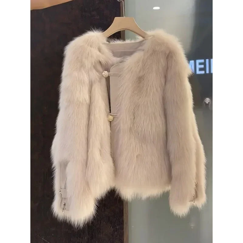 Commuter Round Neck Long Sleeve Single-Breasted Faux Fur Coat Winter High-End Fashionable Women's Slim Fit Faux Fur Jackets