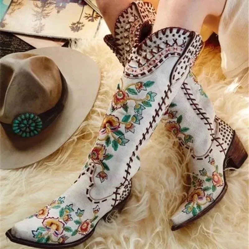 2023 New Cowboy Boots For Women Leather Chunky Heels Pointed Toe White Embroidered Western Boots Slip-on Shoes Female
