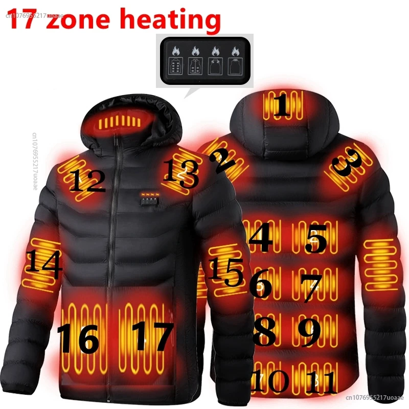 

Men Winter Warm USB 17 zone Heating Jackets Smart Thermostat Pure Color Hooded Heated Clothing Waterproof Warm Jackets