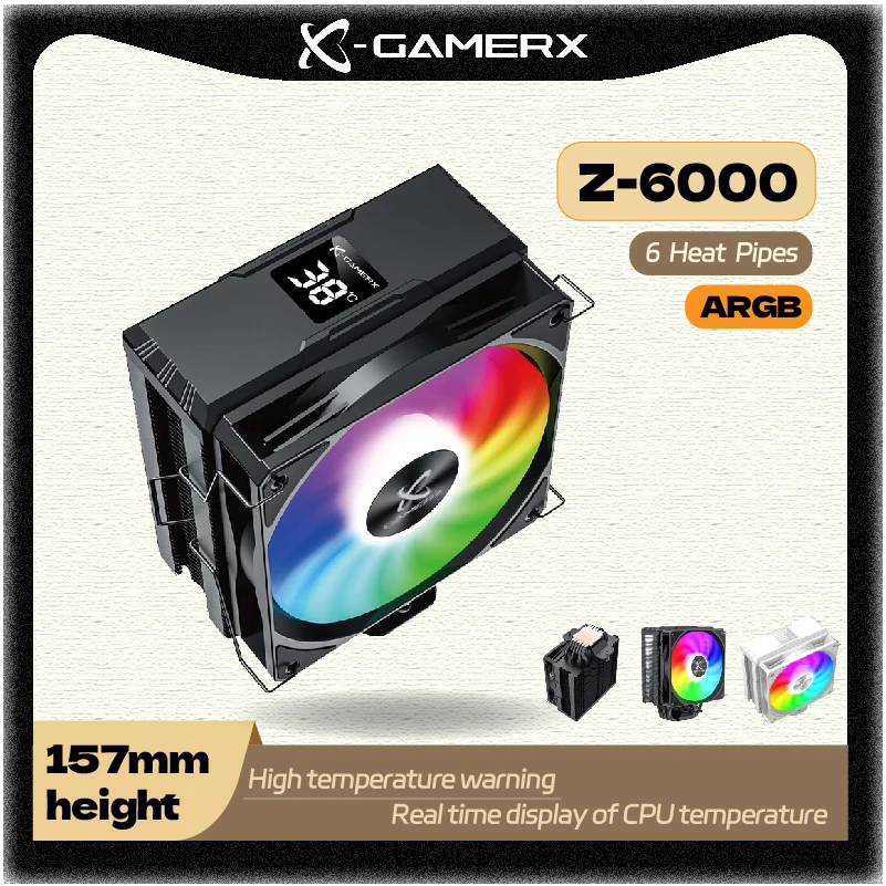Power Train X-GAMERX Z-6000 6 Heat Pipe Air Cooler CPU Cooler Temperature Display ARGB PWM 120MM Fan LGA1700 115X 1200 AM4 AM5