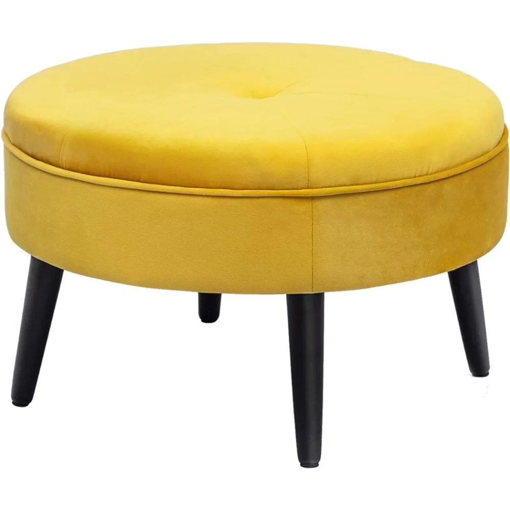 

23" Round Velvet Footrest Stool, Upholstered Ottoman Coffee Table, Button Tufted Padded Foot Stools with Solid Wood Legs,Yellow