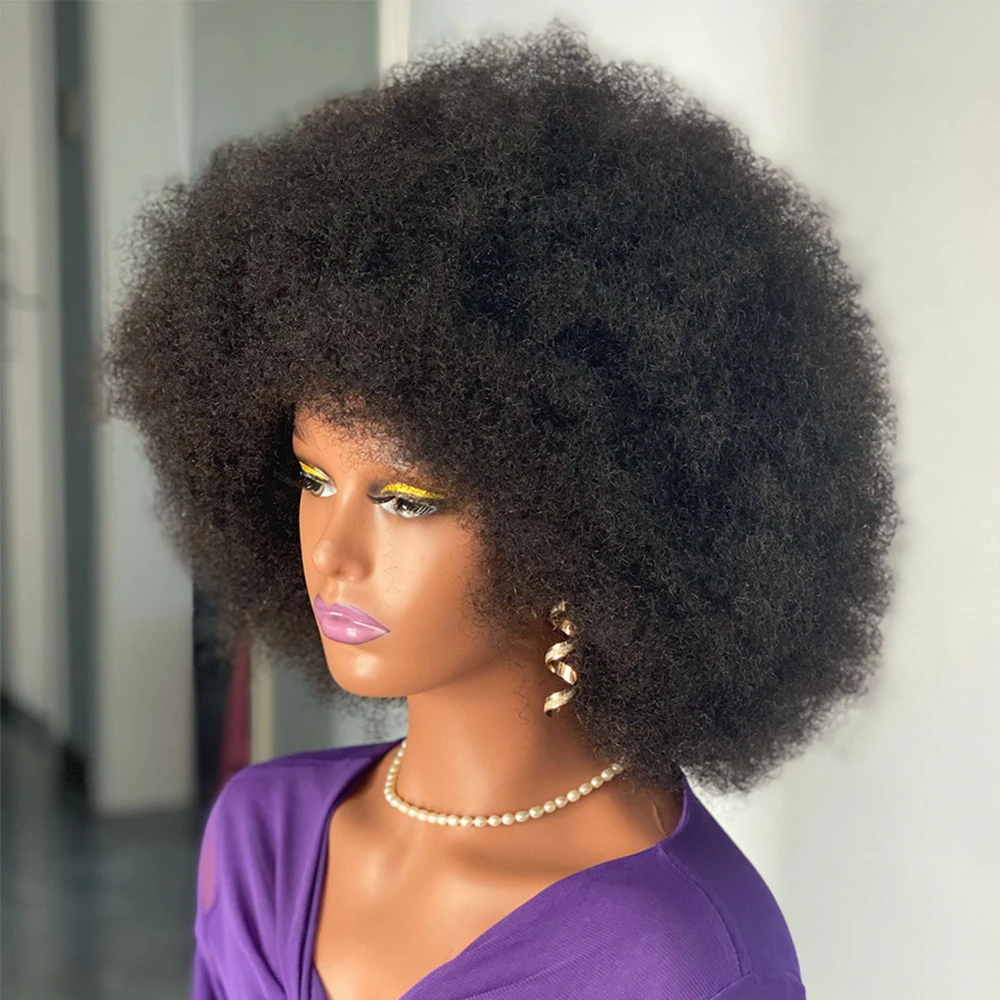 Short Fluffy Afro Kinky Curly Human Hair Wig With Bangs 180% Density Full Machine Wigs Natural Pixie Cut wig Brazilian Hair