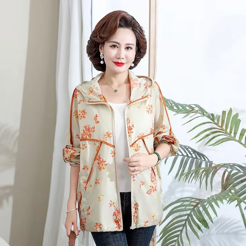 Korean Print Mid-Length Sun Protection Clothing Women Cardigan Jacket Hooded Spring Summer Zipper Windbreaker Female 2022