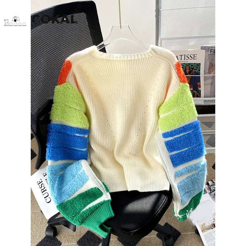 

COKAL rainbow sweet cardigan Fashion V-neck cardigan coat design casual loose long sleeve button women's high quality top