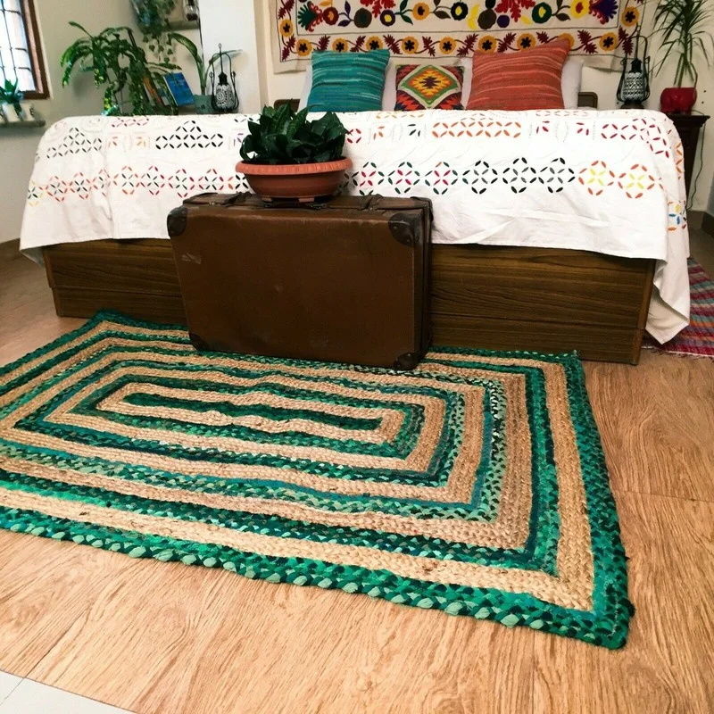 녹색 줄무늬 깔개 자연 황마 및 면화 바닥 매트 Handloom 꼰 스타일 직사각형 카펫 거실 지역 깔개