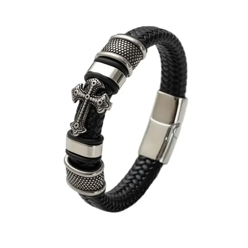 Bracelet Homme Cuir Véritable Avec Croix - Tressé Multicouche, Fermoir Magnétique - Cadeau Homme/femme, Porte-bonheur