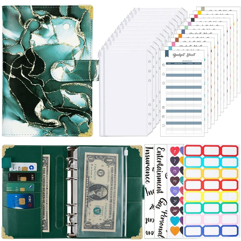 

A6 Marbled PU Leather Notebook 6 Hole Binder Budget Planner Book with 12 Zipper Envelope Pockets and Colorful Stickers