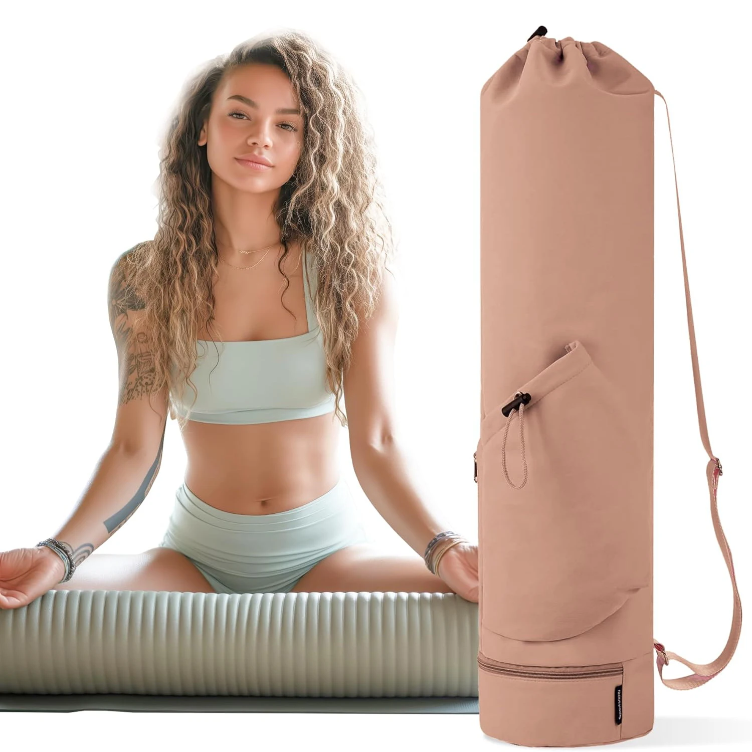 Yoga Mat Bag-Large Opening Long Tote Carrier with Waterproof Wet Pocket and Drawstring Water Bottle Pocket Adjustable Strap