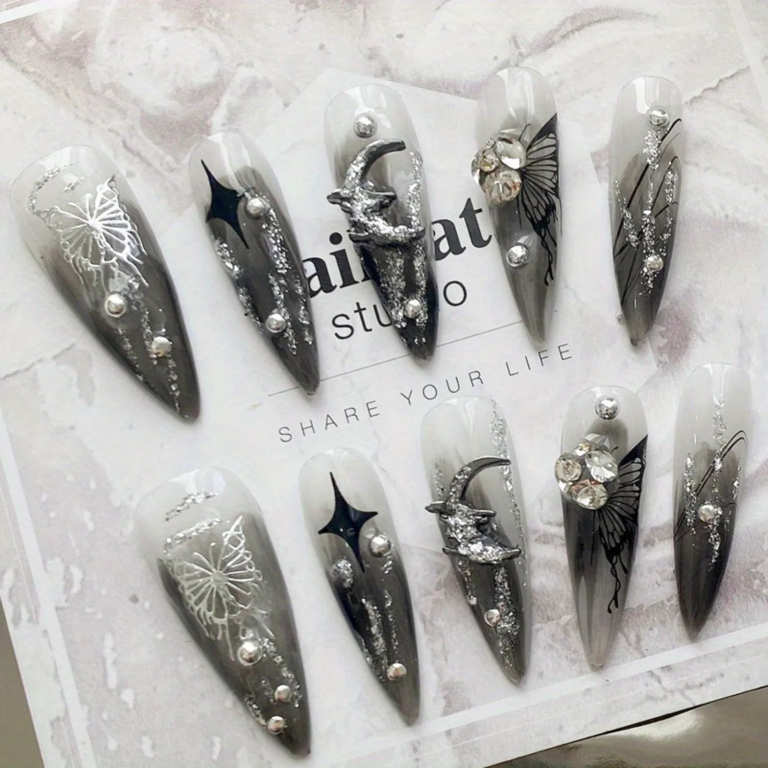 10pcs Gothic Dark punk metal liquid fake nails, 3D decoration, bright water drop manicure, suitable for everyday wear Goth s
