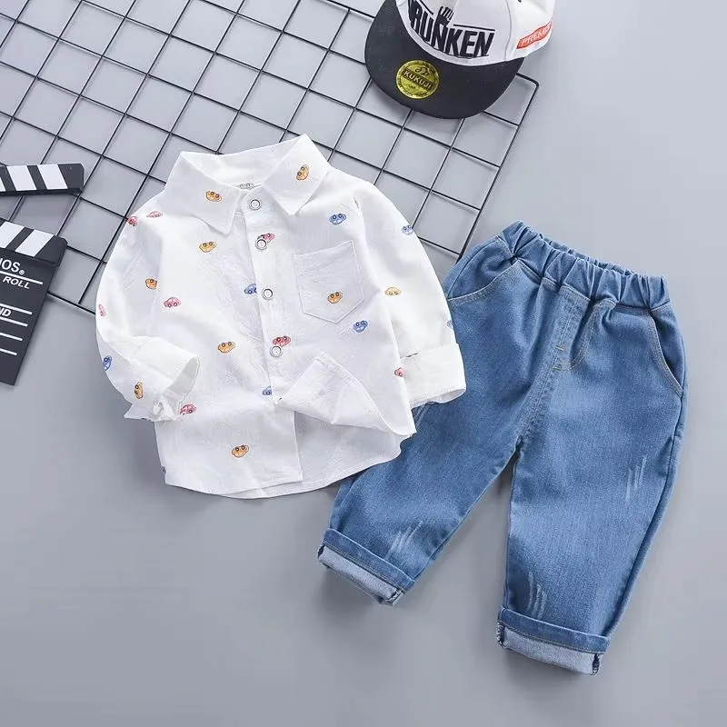 Infant Boys Daily Two Piece Clothes Set Adorable Car Print Long Sleeve Collared Shirt Elastic Waist Blue Denim Pants Suit 3