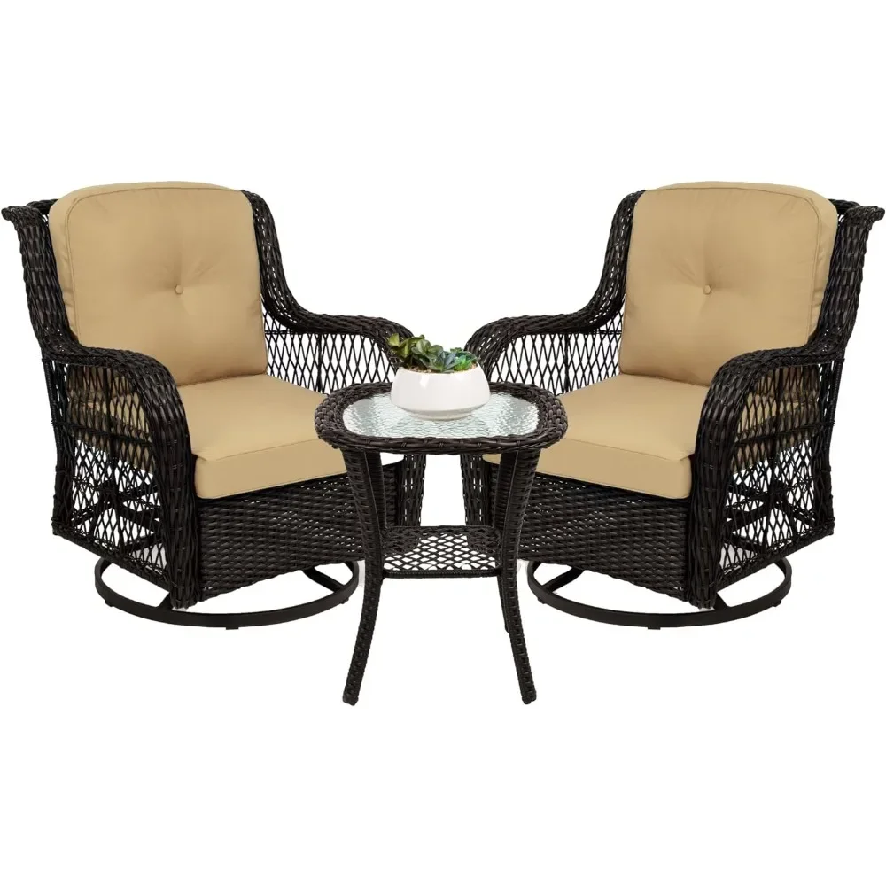 

3-Piece Outdoor Wicker Patio Bistro Set w/ 2 360-Degree Swivel Rocking Chairs and Tempered Glass Top Side Table - Beige