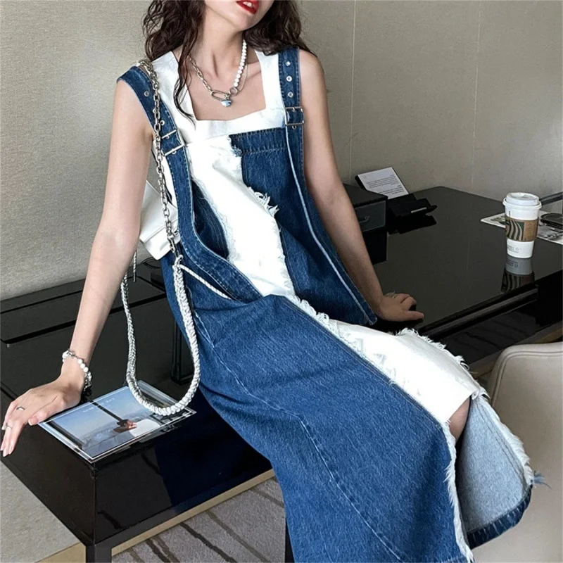 

2022 New Spring Western Medium Length Denim Women's Fashion Personalized Splicing Autumn Style Harajuku Trend In Strap Skirt
