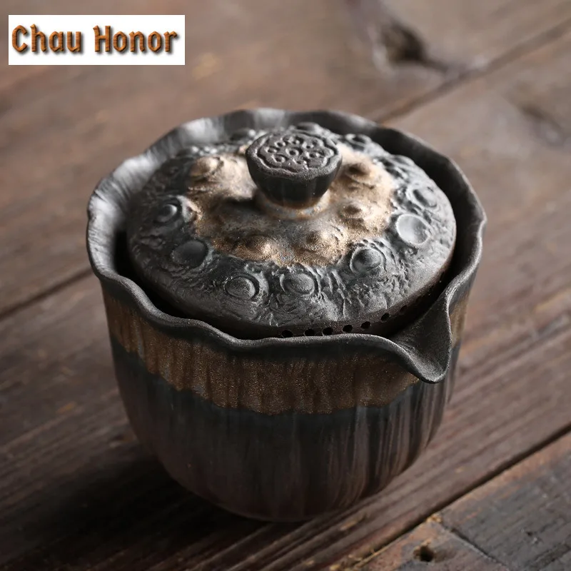 200ml Retro Lotus Ceramics Single Pot Handmade Gilt Iron Glaze Household Kungfu Teaset Hand Grasping Pot Drinkware Birthday Gift