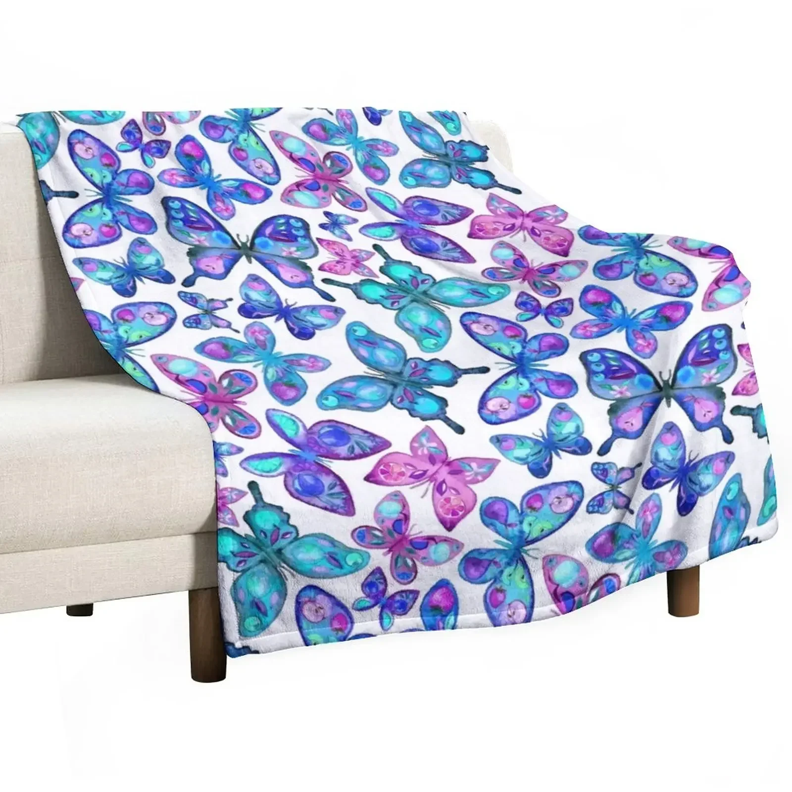 

Watercolor Fruit Patterned Butterflies - aqua and sapphire Throw Blanket Picnic Hairys Soft Big Blankets