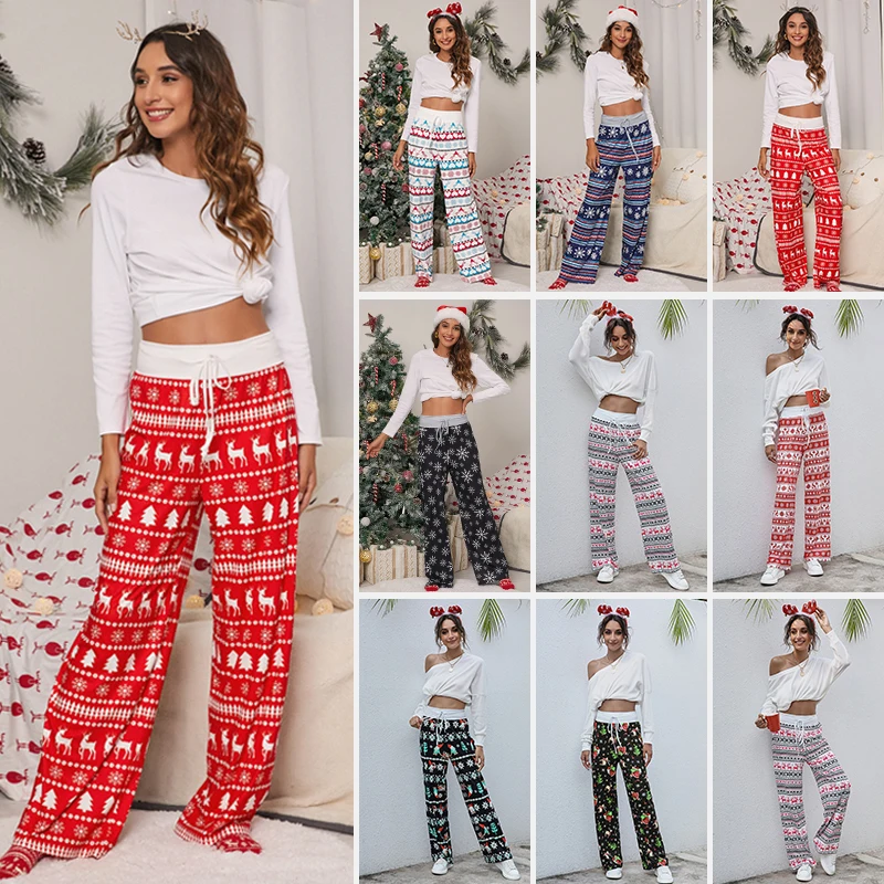 

Mid Rise Drawstring Straight Wide Leg Trousers Fashion Loose Christmas Print Pants Unisex ClothesPants Vintage Streetwear Women