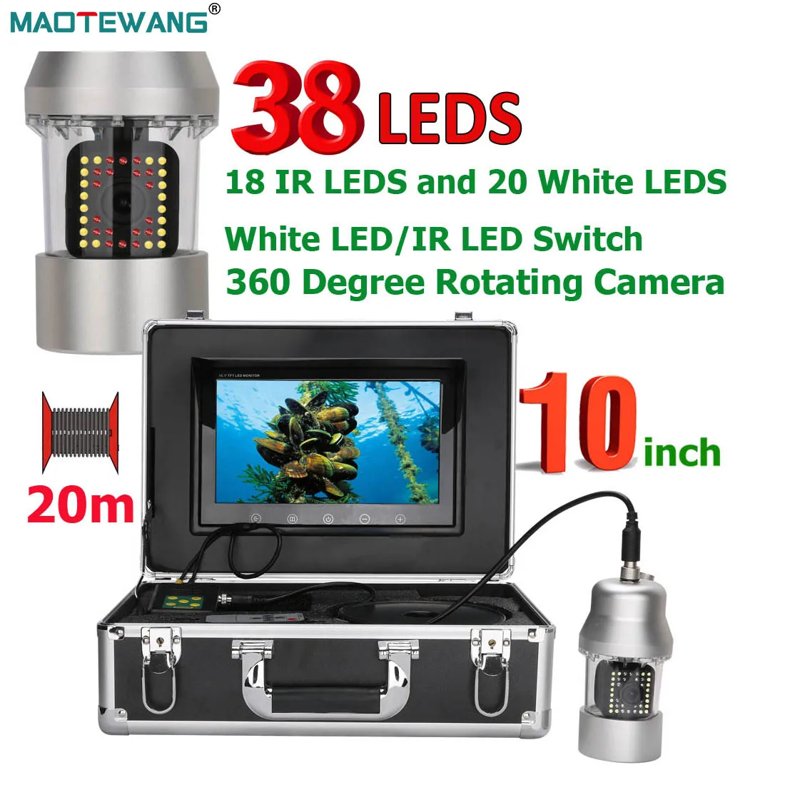 Caméra vidéo pêche sous-marine MAOTEWANG 10 pouces 100m IP68 38 LEDs rotative 360° pour détecteur de poissons
