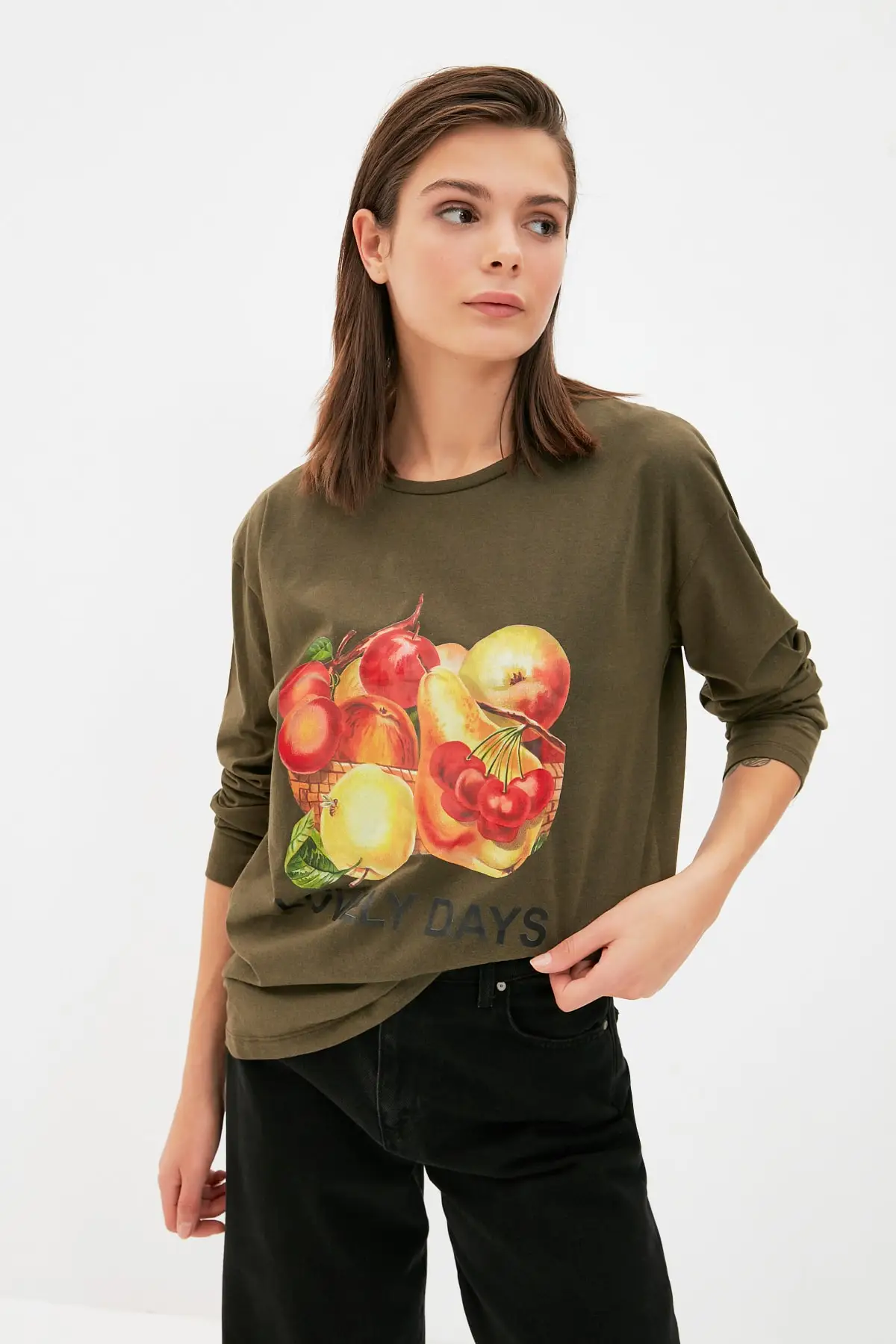 Trendyol Long Sleeve Printed Basic Knitted T-Shirt TWOAW22TS0103 | Женская одежда