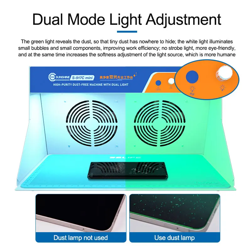 SUNSHINE SS 917C MINI High Cleanliness Dual Light Dust free Workbench Adjustable Dust free Fan Green Light Dust Display Lamp