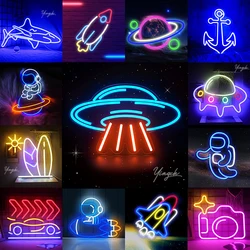 Aircraft Planet LED Neon Sign Light Astronaut Rocket Car Alien UFO Model Nightlight USB Plug Decor Game Kid Room Wall Shop Party