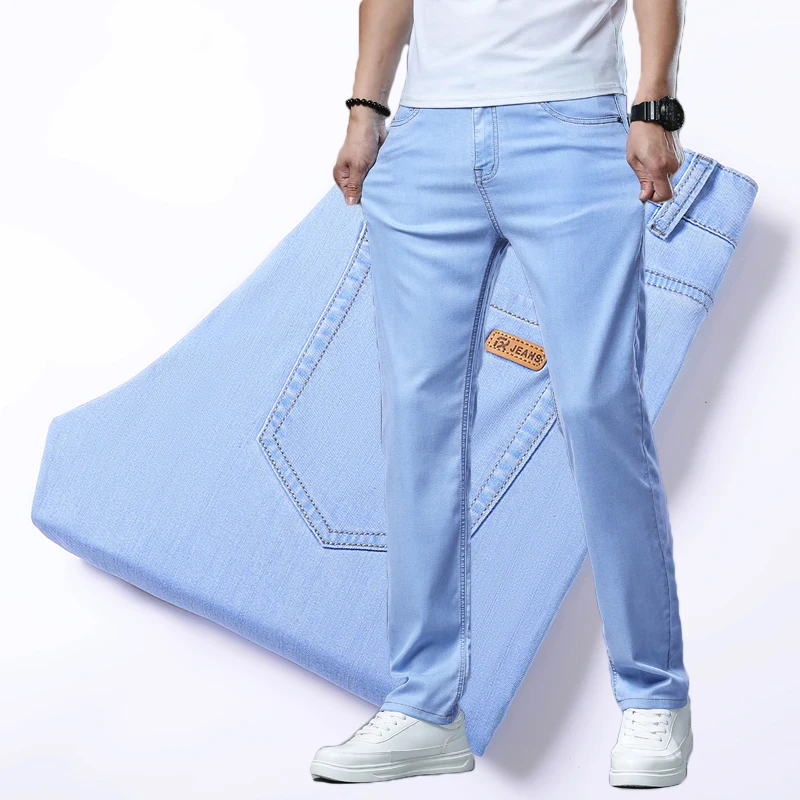 Straight Stretch Lyocell Thin Jeans Mens Brand Clothing Spring Summer Trousers Classic Business Korean Casual Denim Pants