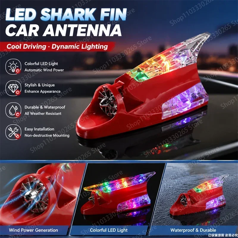 LED Shark Fin Car Antenna with Wind-Powered Colorful Flashing Light - Waterproof Auto Roof Decor Accessory