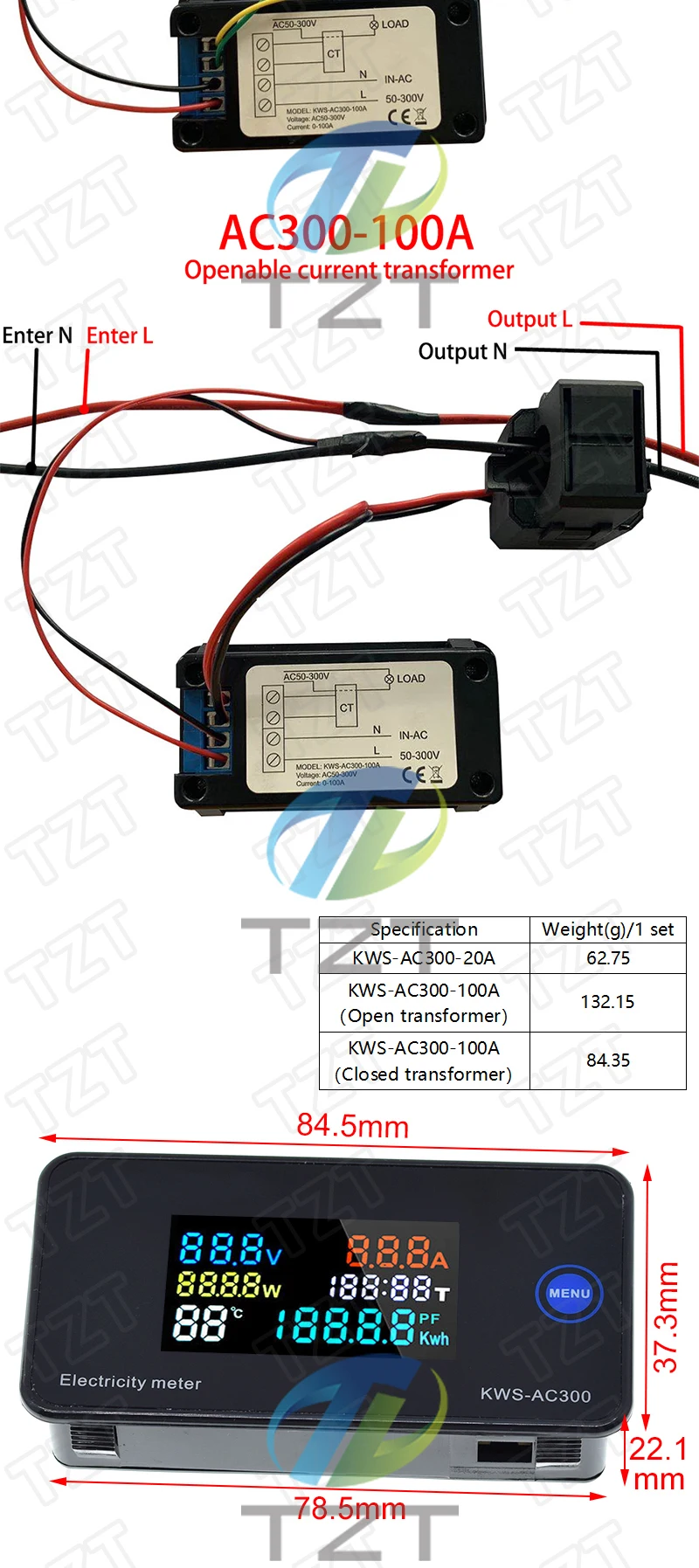 AC 50–300 V Voltmeter Amperemeter KWS Power Energy Meter LED Digital AC Wattmeter Stromzähler mit Reset-Funktion 0–100 A – Detail 11