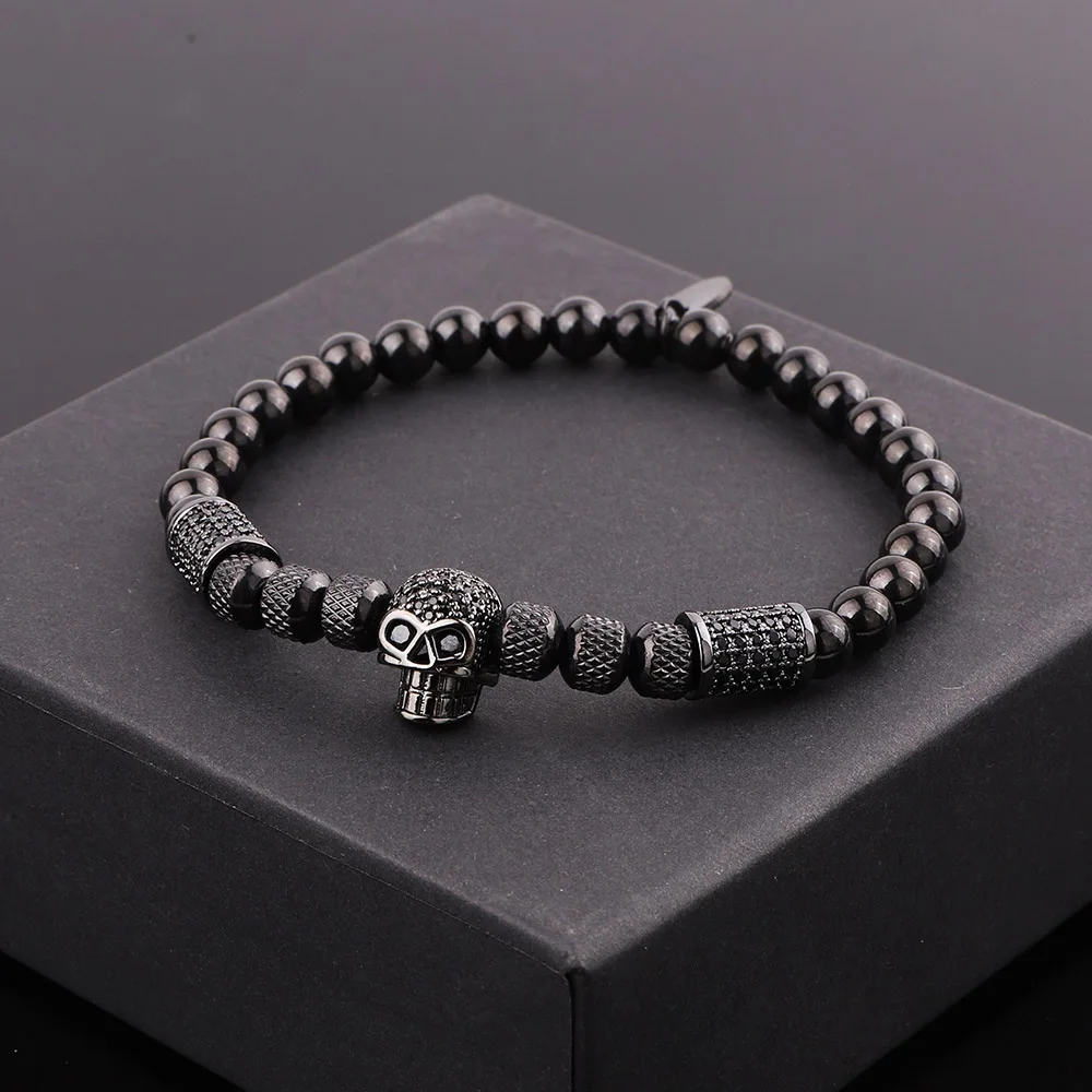 New Fashion Luxury CZ Pave Skull Charm Stainless Steel Beads Stretch Bracelet For Men Jewelry