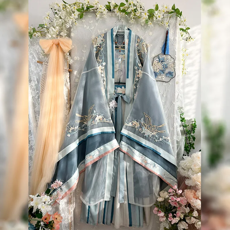 

Spring Summer New Full Waist Long Sleeve Shirt with Hanging Straps Pleated Skirt Gradient Embroidered Hanfu Female Fairy