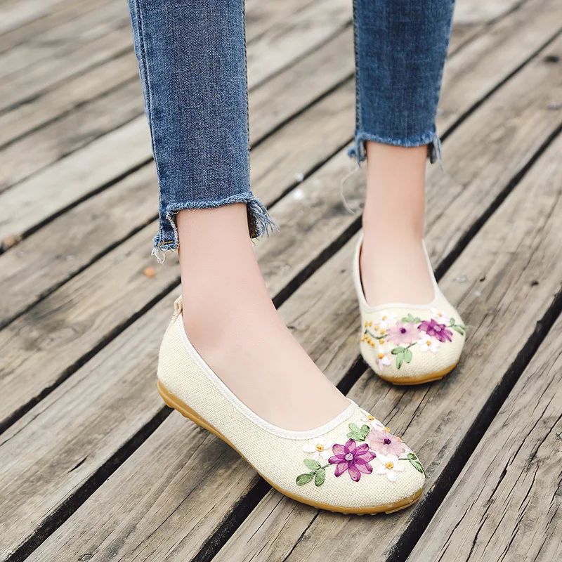 Women Lady Embroidered Flower Cloth Shoes Ethnic Embroidery Flat Linen
