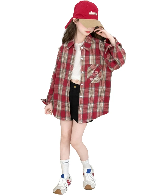 여자 체크 무늬 캐주얼 긴팔 셔츠 봄 가을 유행 체크 무늬 아동 의류 대형  아동복
