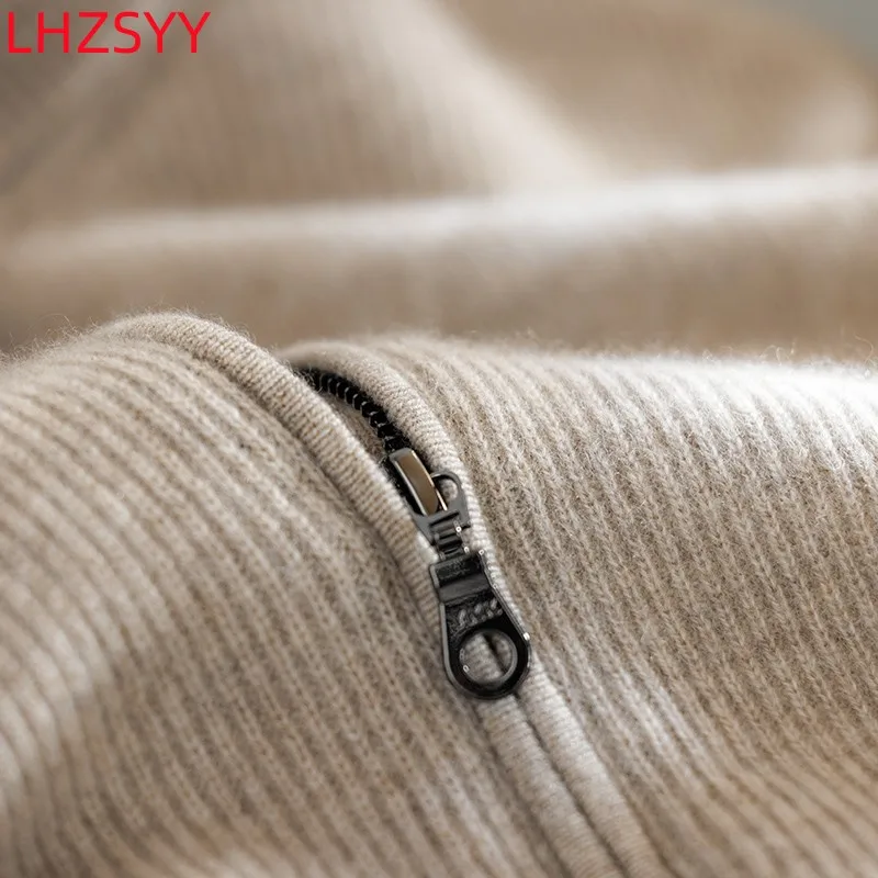LHZSYY 남성용 100% 순수 캐시미어 니트 가디건, 청년 및 중년 하이엔드 상의, 스탠드 칼라, 느슨한 지퍼 재킷, 따뜻한 스웨터 코트