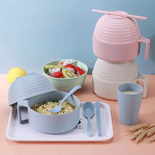 Ensemble de bols Ramen en paille de blé écologique, dortoir d'étudiant, bol à nouilles instantanées au micro-ondes, vaisselle de maison avec poignée de couvercle, bols à salade 2