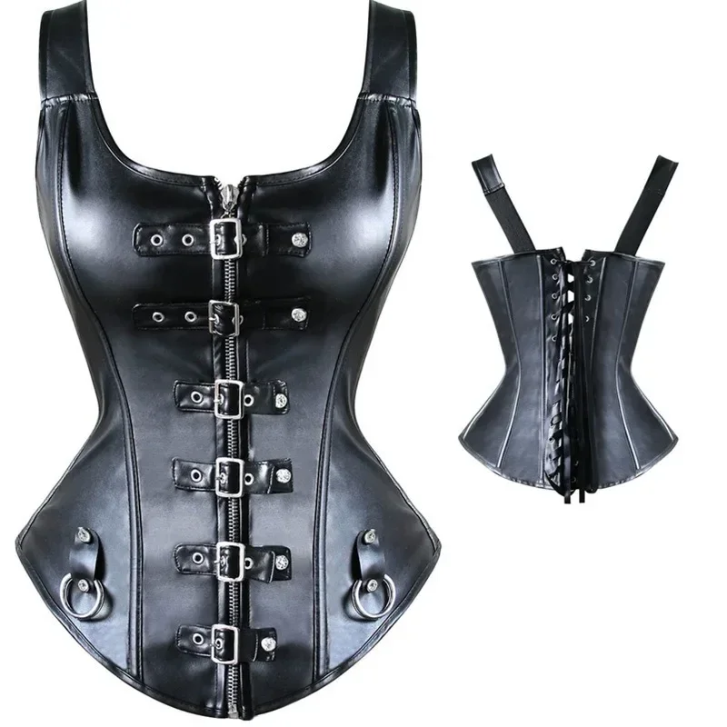 

Gothic black leather shoulder strap palace sexy leather corset belt drill buckle corset mujer sexy shapewear women chest binder