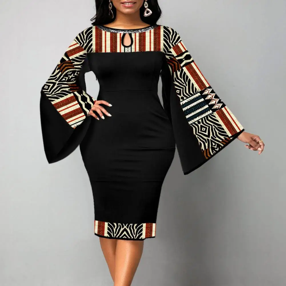 

Women Long Sleeve Dress Vintage Print Round Neck Midi Dress with Back Zipper Closure Hollow Out Horn Sleeve for Women Plus Size