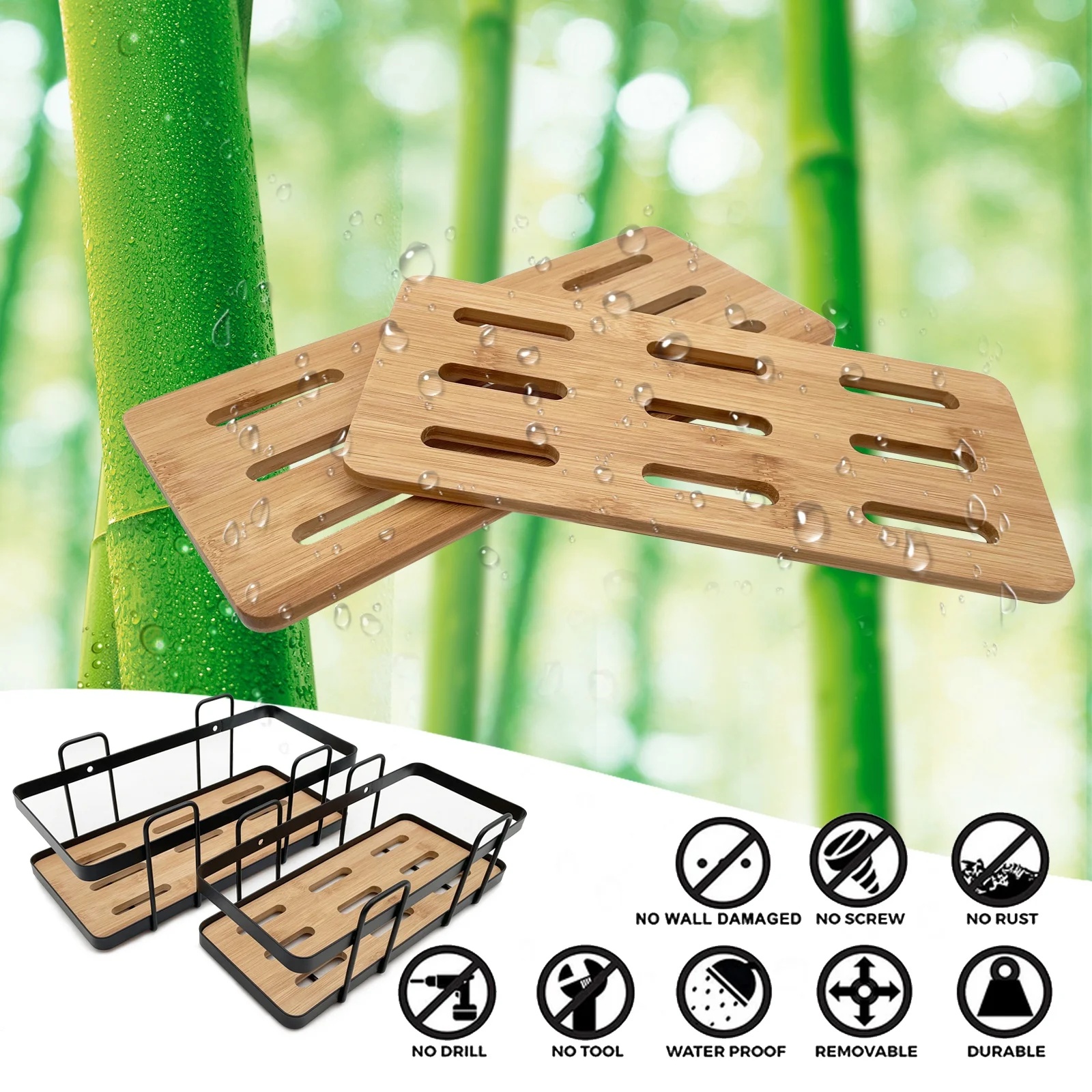 

Wall Mounted Bathroom Shelves Floating Shelf Shower Hanging Basket Shampoo Holder Kitchen Seasoning Storage Rack Bamboo Tray