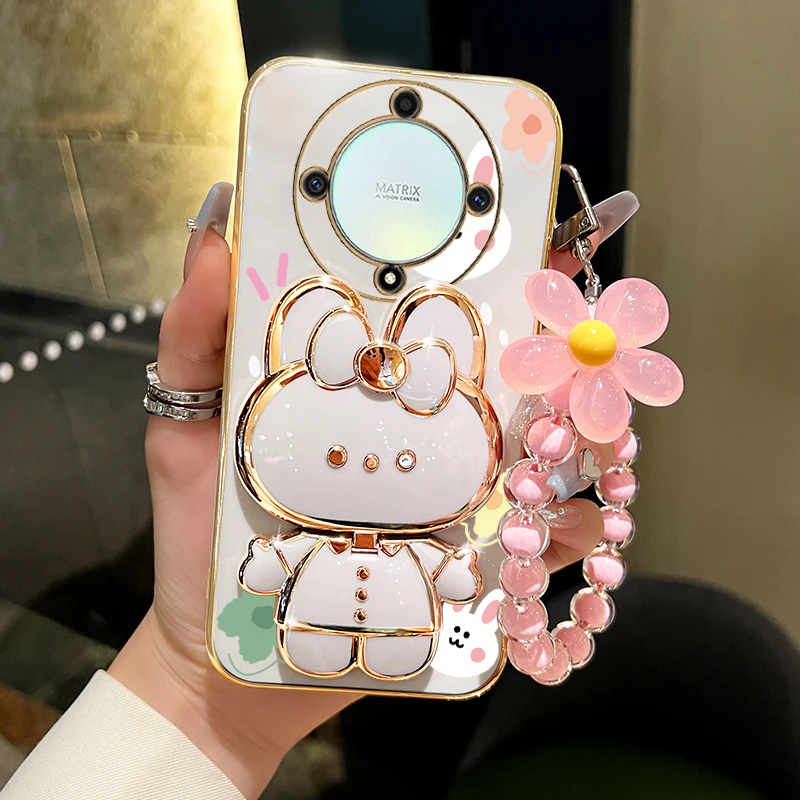 Elegant Floral Rabbit Mirror Phone Holder Case