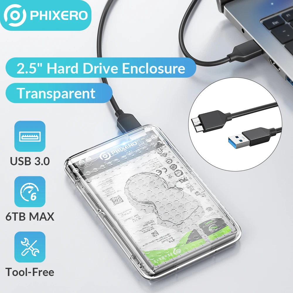

PHIXERO 2.5 inch SSD Enclosure Storage Box HDD Case SATA USB 3.0 Type C Hard Drive Case External Support UASP for PC Laptop