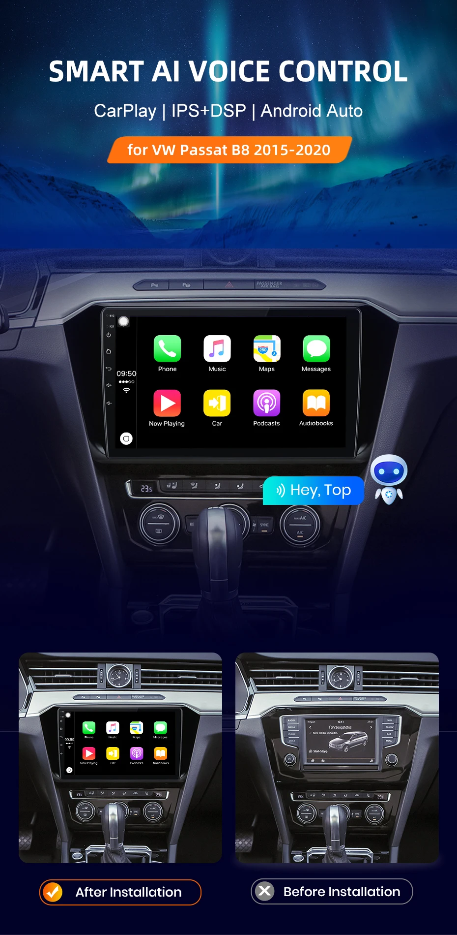 Für VW Passat B8 2015-2020 Drahtlose CarPlay Android Auto Auto Radio GPS RDS WiFi BT 4G Multimedia stereo – Detail 1