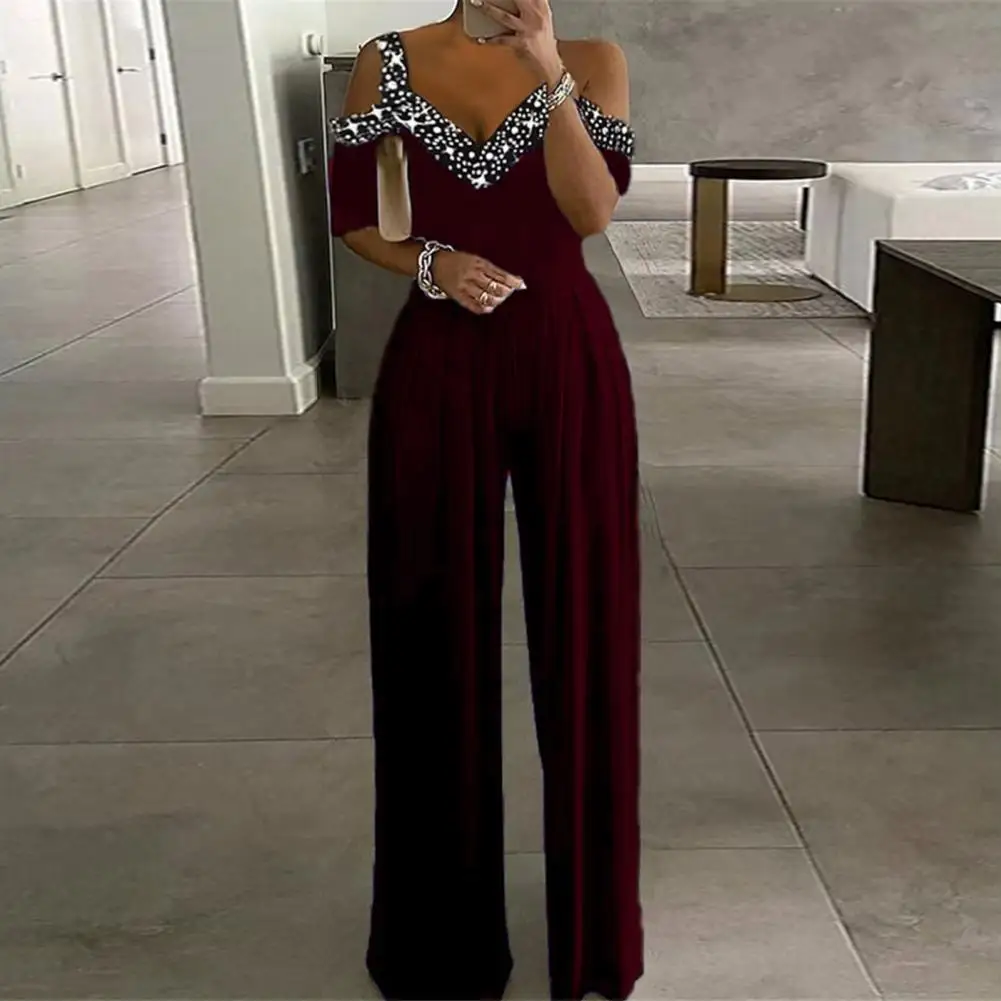 

Lady Romper Thin Gown Jumpsuit High-waist Popular Rhinestone Patchwork Summer Loungewear Playsuit Streetwear