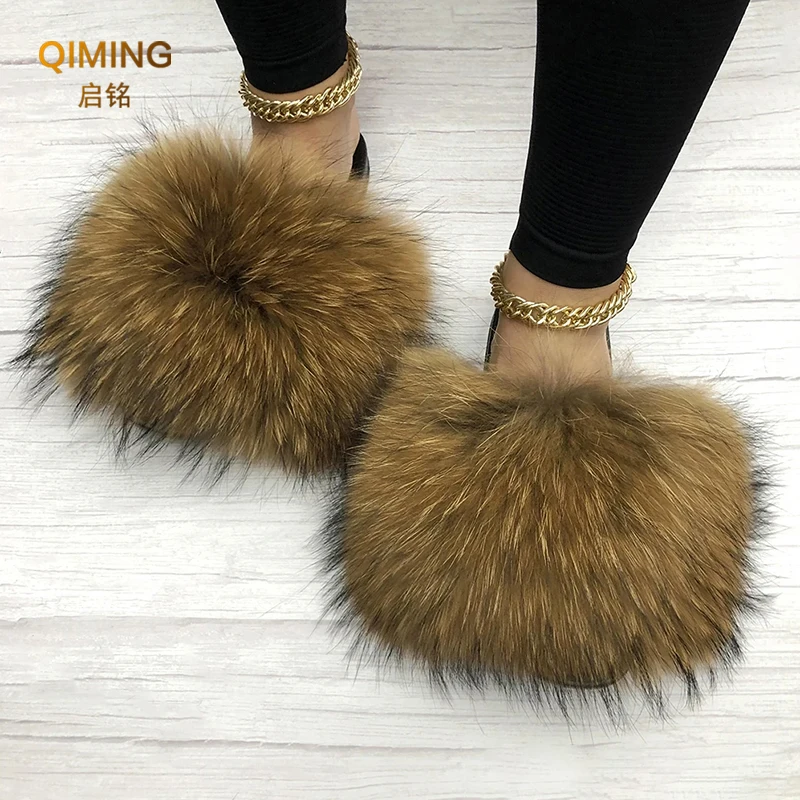 Summer Fur Slippers Raccoon Furry Real Fur Slides For Women Outdoor Plush Fluffy Cozy Open Toe Fuzzy Flip Flops Cute Sandals